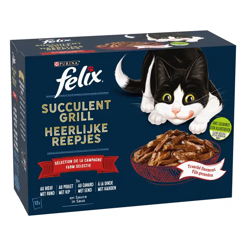 FELIX - Pochons Succulent Grill Selection de la Campagne à la Viande en Sauce pour chats adultes - 12X80g - Liquidation