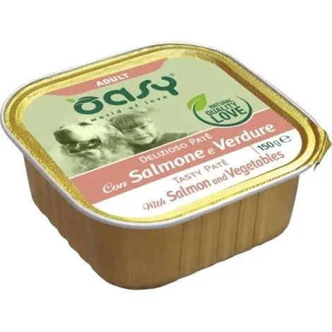Excellente qualité - Oasy Dog Pâté Delizioso Aliment en barquette pour chiens adultes 150 g - Saumon et légumes 150 g