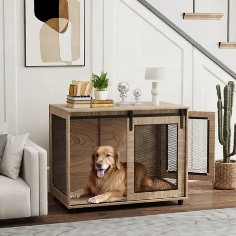 Nouveau - Cage de transport pour chien. Coffre de rangement pour animaux. Portes verrouillables. 98 x 60 x 78 cm. Marron clair.