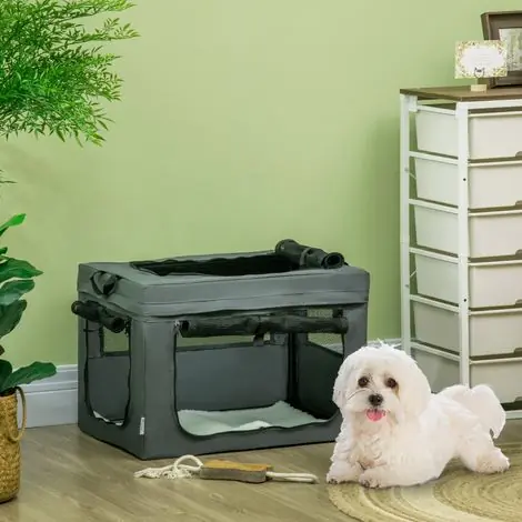 Expédition rapide - Sac de voyage pliable pour chien et chat avec anse, tissu mesh 60x42x42 cm, gris et noir