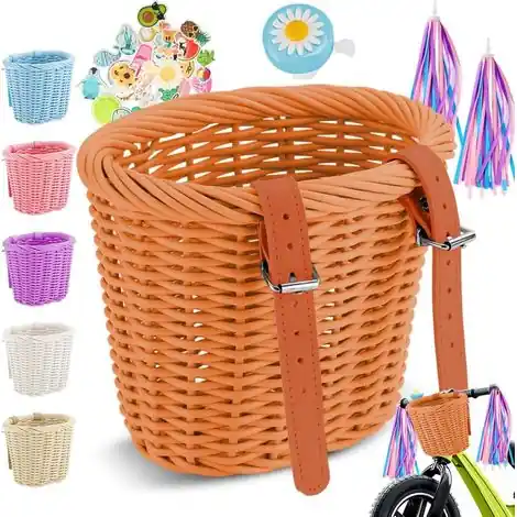 Panier de vélo tressé pour enfant - Panier de vélo avant pour enfants et filles - Panier de vélo avant amovible - Avec cloches, serpentins, sonnette de vélo, autocollants - Profitez-en