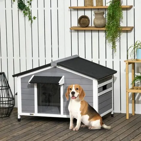 Bon plan | Niche pour chien en bois de sapin grise avec toit bitumé ouvrant et fond amovible 109x79x72 cm