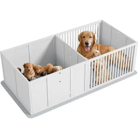 Boîte de mise bas pour chiens et chiots, parc de mise bas pour chiens porte à hauteur réglable 166 x 80 x 50 cm, blanc | Très populaire
