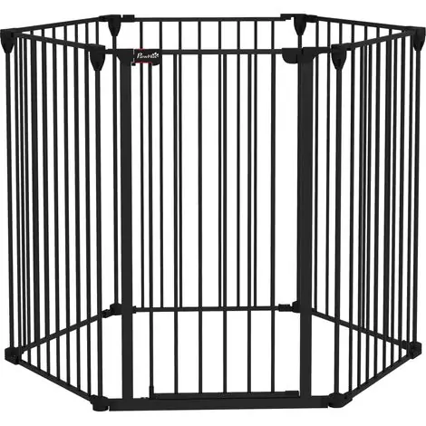 Commandez maintenant - Barrière pliable pour chiens moyens et grands, double verrouillage, 6 panneaux acier plastique 123x102x100 cm noire