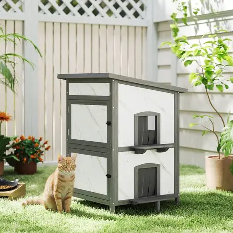 Profitez-en | Niche d‘extérieur pour chat, en bois, avec plusieurs entrées, fenêtre, étanche, 60 x 60 x 88 cm, blanche