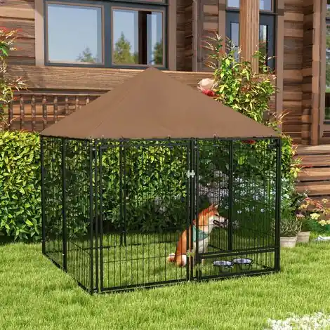 Chenil extérieur chien métal Oxford imperméable avec support gamelle toit résistant intempéries grand espace | Super prix