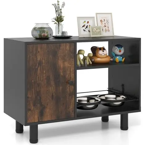 Disponible maintenant - Goplus – Meuble gamelle pour chien avec hauteur réglable – 2 bols en acier inoxydable – Armoire coulissante et verrouillable – Dimensions 82x35x60cm