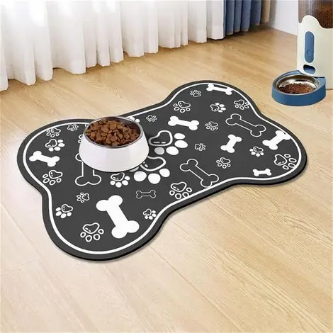 Bon prix | Tapis sous Les Gamelles de Nourriture pour Chien, Forme Osseuse Tapis de Nourriture Chien Absorbant Tapis Nourriture Animaux Séchage (30x40cm,Noir)