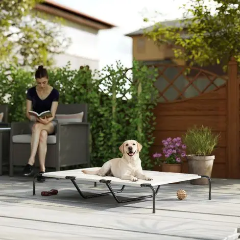 Bon plan | Lit pour grand chien surélevé en extérieur en acier et filet respiratoire, 152x94x23 cm, Beige