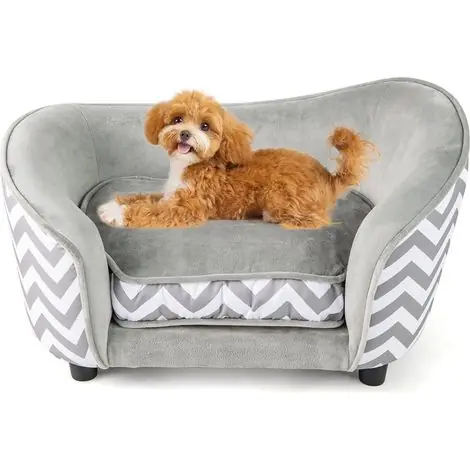 GOPLUS Panier Chien, Canapé pour Petit Animal avec Dossier et Accoudoirs Incurvés, Cadre en Bois, Lit pour Chien Matelas Moelleux, Housse Amovible et Lavable, Lit Surélevé avec Charge de 50 KG, Gris | Prix exceptionnel