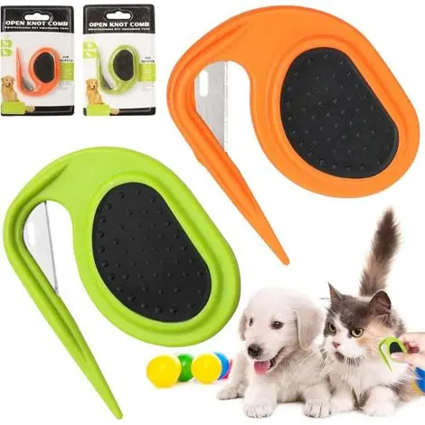 Coup de cœur - Peigne à nœuds pour animaux de compagnie, brosse de toilettage, 3 en 1, multifonction, pour enlever les poils emmêlés et lâches (orange + vert)