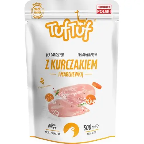 Plébiscité par les clients | Pâtée pour chien TufTuf au poulet et aux carottes, sachet de 500 g, viande en conserve