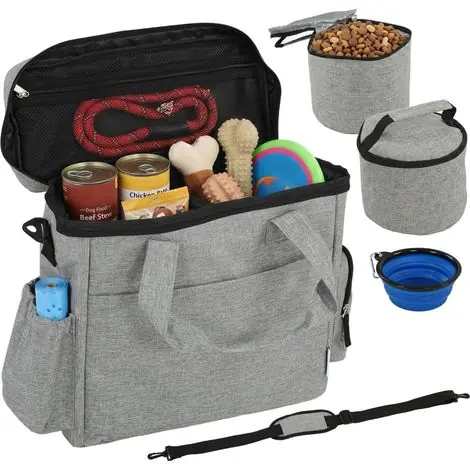 Sac transport chien avec poches - 2 sacs nourriture + bol pliable - Séparateur réglable - 38x17x35cm - Gris clair | Disponible