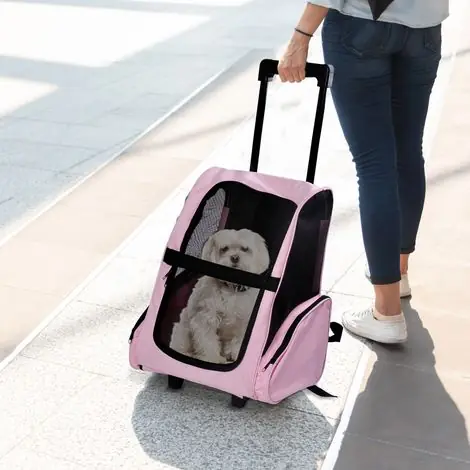 Sac de transport 2-en-1 pour chien et chat, avec poches latérales, poignée télescopique et roulettes, 42x25x55cm, rose - Prix choc