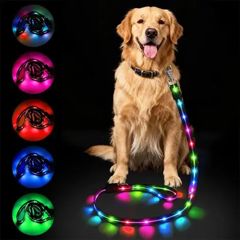 Commandez dès maintenant | Laisse Lumineuse pour Chien, 1,2 m, LED Laisse Chien Réfléchissante en Silicone, Limperméable, 12 Modes d‘Éclairage, Rechargeable par USB, pour Grands, Moyens et Petits Chiens