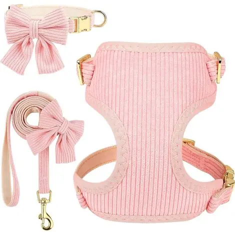 Prix en baisse - Harnais et laisse réglables pour chien avec nœud papillon, gilet doux et respirant pour petits chiens, idéal pour les promenades et l‘usage quotidien, rose, m
