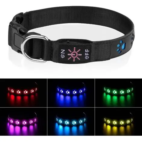 Offre du jour | M-1 piece collier chien lumineux collier chien LED 7 modes, USB rechargeable étanche laisse réglable collier nylon pour petits / moyens / grands chiens
