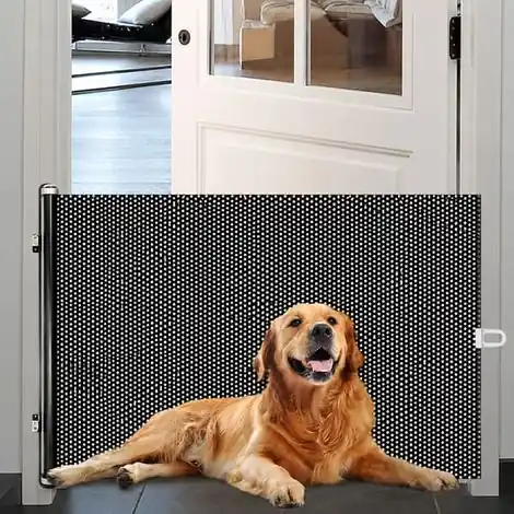 Ecleanfy - Barrière de sécurité enroulable pour animaux de compagnie, haute, avec double crochet, sans perçage, gain de place jusqu‘à 125 cm de large, ABS+PVC 58 cm x 58 cm | Coup de cœur