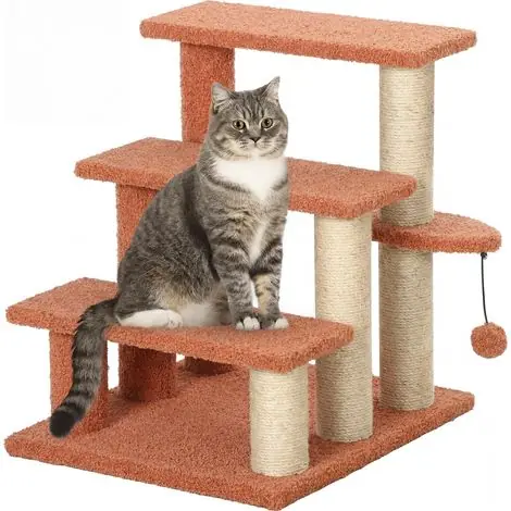 Arbre à chat avec escalier pour animaux, 3 marches, balle de jeu, jusqu‘à 5 kg, 45 x 40 x 48 cm, marron - Disponible