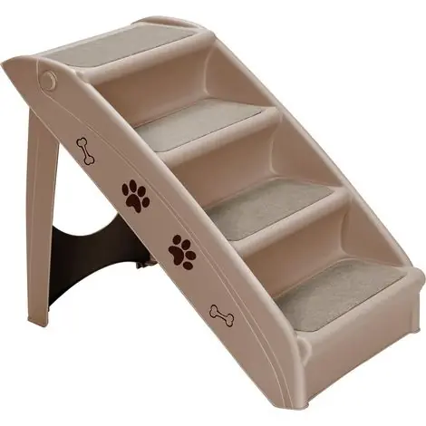 GOPLUS Escalier Pliable pour Animaux/Chien/Chat, Escalier en Plastique avec 4 Marches, Feutre Confortable et Coussinets Antiderapants, Charge Max 60KG(Marron) | Dépêchez-vous