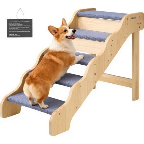 Expédition express - VEVOR Escalier pour Chien en Bois 5 Marches pour Chien pour Canape Lit Voiture Chats Chiens Animaux de Compagnie Jusqua 68 kg, Surface Antiderapante, Hauteur Marche 12 cm, en Bois de Pin et Feutrine