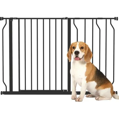 Barrière noire pour animaux avec 2 extensions 75 à 115x76 cm, pression et double verrouillage pour porte et couloir, accessoire sécurité design sobre pratique et ajustable | Très apprécié des clients