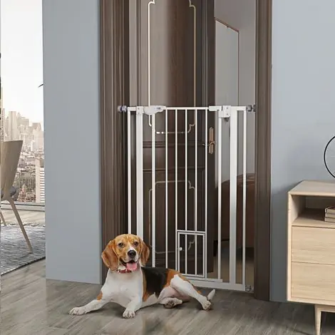 Barrière de sécurité extra haute pour animaux de compagnie, avec chatière, fermeture automatique, largeur 74-80 cm - Noire - Tendance