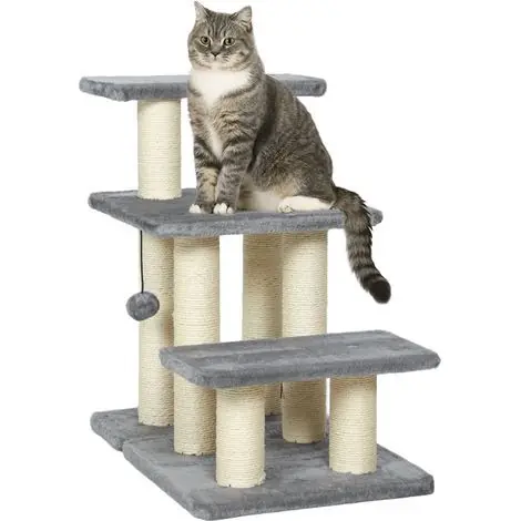 Best-seller | Escalier pour animaux domestiques réglable 3 marches échelle pour chat chien griffoirs en sisal balle 52x34,5x54cm gris