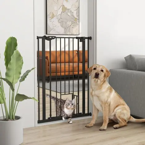 Barrière de sécurité animaux de 104H cm conception haute avec porte chat fermeture automatique système de double verrouillage sans percage de 74 à 80 cm acier noir | Disponible