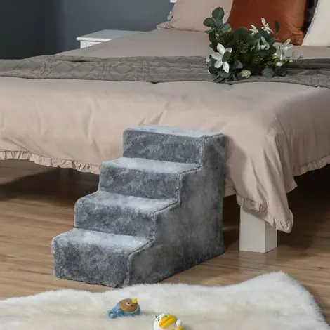 Échelle pour chien à 4 marches, 60 x 35 x 44 cm, en velours amovible et lavable, pour chiens et chats jusqu‘à 10 kg, gris clair | Envoi rapide