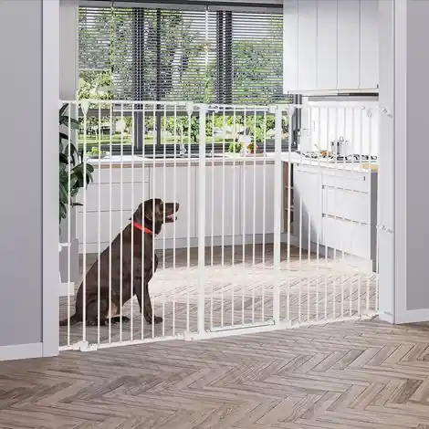 Barrière pour chien en acier à 3 panneaux pliante double verrouillage et porte intégrée pour porte et escalier blanc - Prix choc
