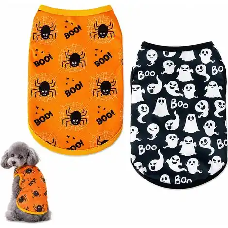 2 Pièces Déguisements Halloween pour Chien et Chat, Gilet Citrouille Respirant, Costume de Chien avec Chauve-Souris, Araignée, Squelette et Fantôme, T-Shirt de Fête pour Petit Animal - Super prix