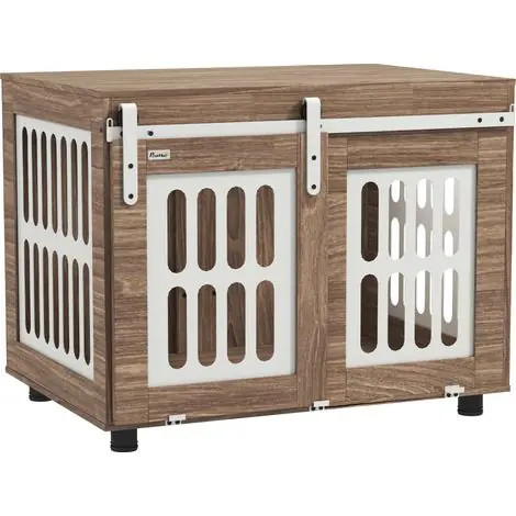 Offre limitée - Cage chien meuble noyer avec porte coulissante et table d’appoint 80x59x63 cm, niche intérieure design multifonction