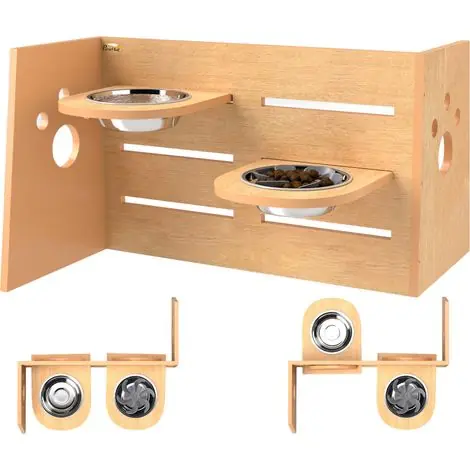 Meilleure vente | Gamelle chien surélevée de 3 hauteurs ajustables gamelle pour chien 2 bols acier inoxydable 63 x 58,5 x 40 cm chêne