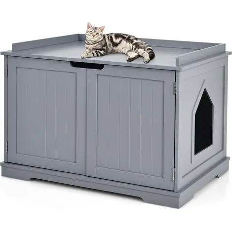 Prix usine | GOPLUS Maison pour Chat en Bois,Cabane/Abri/Enclos pour Chat avec Fenêtres et Portes,Style Moderne,75x54x52cm,Gris