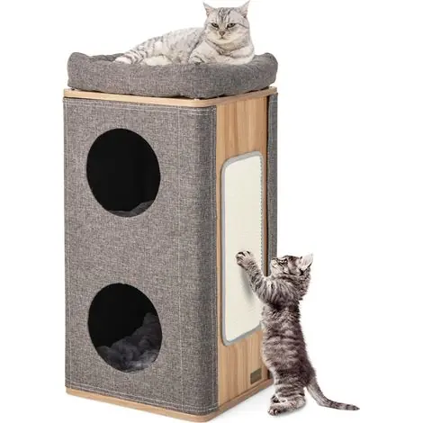 Fin de série - Arbre à chat moderne 3 niveaux 38 x 38 x 77,5 cm confortable et hygiénique en MDF gris