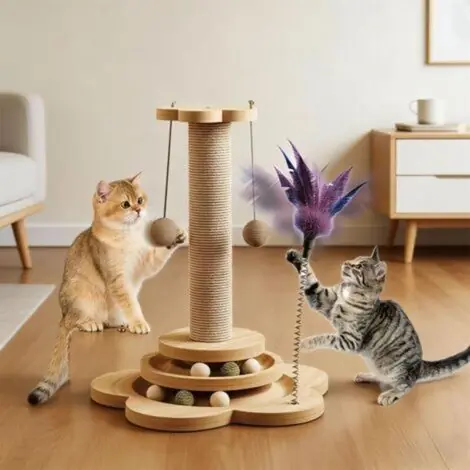 Prix avantageux | Arbre À Chat - 50 Cm - Bois Massif Et Sisal - Avec Circuit À Balles Rotatives Plumes Et Griffoir - 1 Pièce
