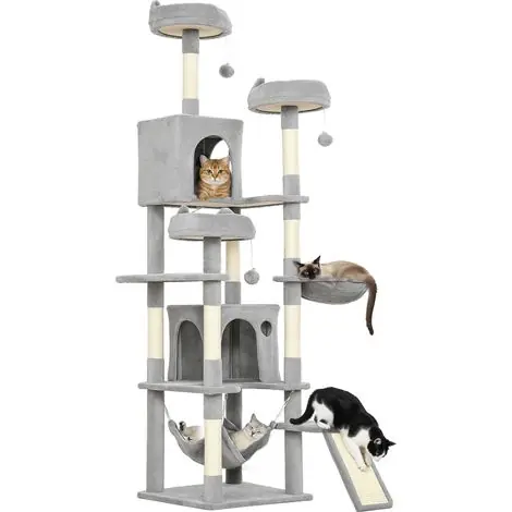 Arbre à chat avec échelle, 2 hamacs, 3 perchoirs, 2 niches et 3 plateformes, 48 x 48 x 192 cm, gris et crème - Prix réduit