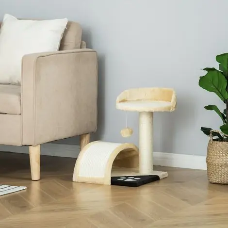 PawHut Arbre à chat griffoir grattoir design jeu boule suspendue + plateforme peluche sisal naturel beige | Livraison rapide