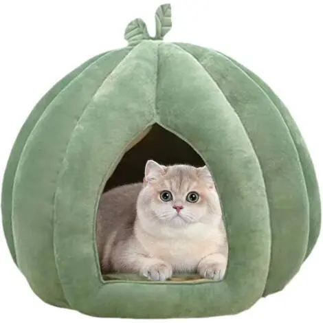 Grotte de Lit pour Chat - Abri d‘Hiver Chaud Pumpkin Cat House, Cachette Respirante Lavable pour Chats/Petits Chiens, avec Coussin Amovible | Prix avantageux