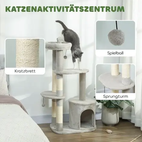 Arbre à chat 114 cm avec cachette, poteaux sisal, palier, étages multiples, pour chat moyen jusqu‘à 6 kg, gris clair | Produit tendance