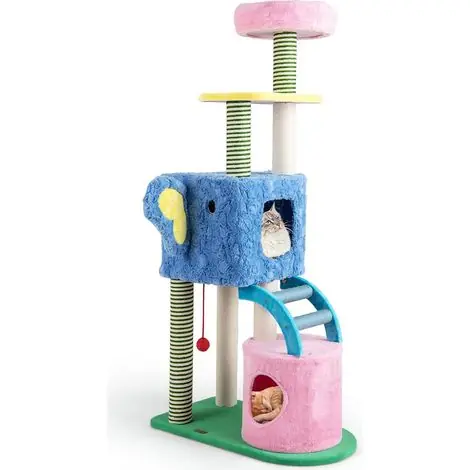 Top des ventes | GOPLUS Arbre a Chat Forme Éléphant, Hauteur 154 CM, Arbre a Chat XXL à 5 Niveaux avec Lit Rembourré, Poteaux en Sisal, 2 Condos, Échelle, Balle Suspendue, Idéal pour Chatons d‘Intérieur, Coloré