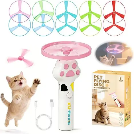 Lanceur de jouets pour chats, lanceur de disques volants rechargeable avec 10 disques, jouet interactif pour chats, chatons et chiens, jeu de chasse et de pistage en intérieur et en extérieur, blanc - Affaire à saisir