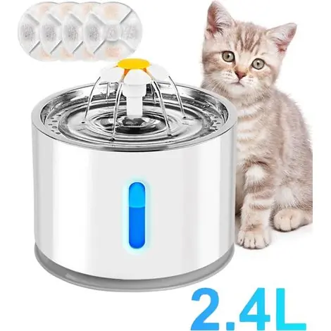 Readcly – Fontaine à eau pour chat et petit chien 2.4L – Distributeur silencieux avec filtration quadruple – Couvercle en acier inoxydable – Indicateur LED | Liquidation