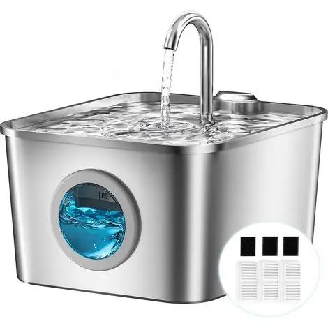 Fontaine à eau pour chat en acier inoxydable fontaine à eau de 2,6 L avec câble, ultra-silencieuse, avec LED, filtre à charbon actif, 3 filtres et 3 éponges | Bonne affaire