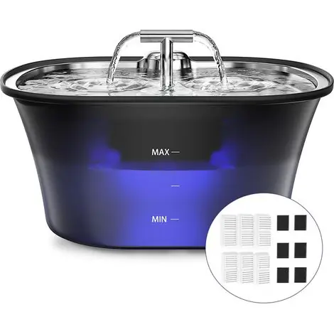 Dépêchez-vous | Balimo Fontaine à eau pour chats, plateau d‘abreuvement en acier inoxydable de 2,5 L, fontaine automatique pour animaux de compagnie, avec 6 filtres à charbon actif