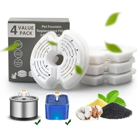 Coup de cœur des clients - Lot de 4 filtres de rechange pour fontaine à eau pour chat en acier inoxydable de 2.5 l - 2 l - Filtre de rechange avec résine et charbon actif - Convient pour chats et chiens