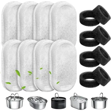 Filtres pour fontaine à eau Cat, lot de 8 filtres de rechange pour animaux de compagnie avec 8 éponges en acier inoxydable, distributeur d‘eau pour animaux de compagnie en forme de robinet | Qualité premium