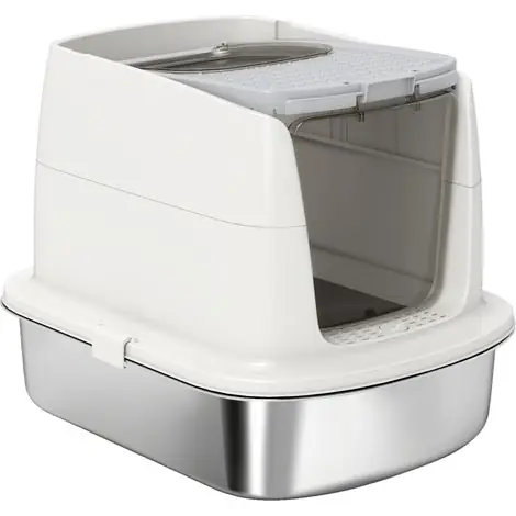 Bac à litière chat acier inox fermé avec pelle, sac anti-odeur, entrée sortie hygiénique | Promotion