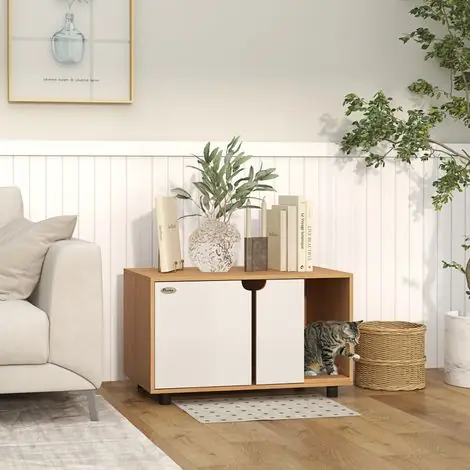 Disponible à la commande - Meuble toilette chat sur pieds, maison 2 en 1 avec portes, design scandinave, 80x48x48 cm, teinte bois naturel et blanc, cache litière élégant